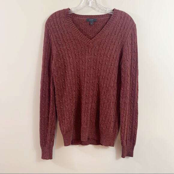 J Crew Cambridge Cable Burgundy Wool Blend V-Neck Sweater - Picture 1 of 6